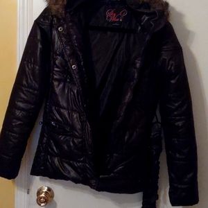 Ladies size small black quilted jacket with hood excellent